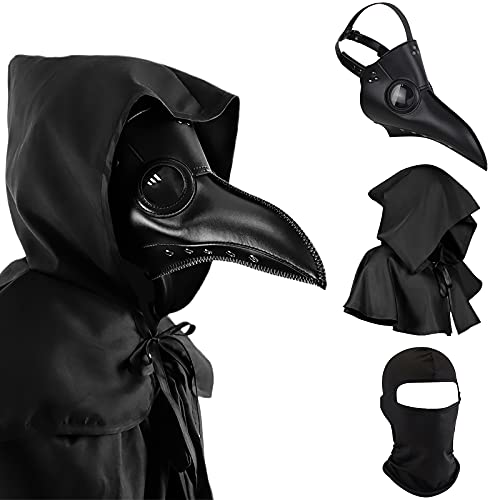 N.C Halloween Plague Doctor Mask Plague Doctor Costume Obito Mask Steampunk Halloween Mask Horror Scary Halloween Mask Costume Props for Party Prom Halloween Gifts Set（3-pc Set） (Black), 12 inches - Image 1