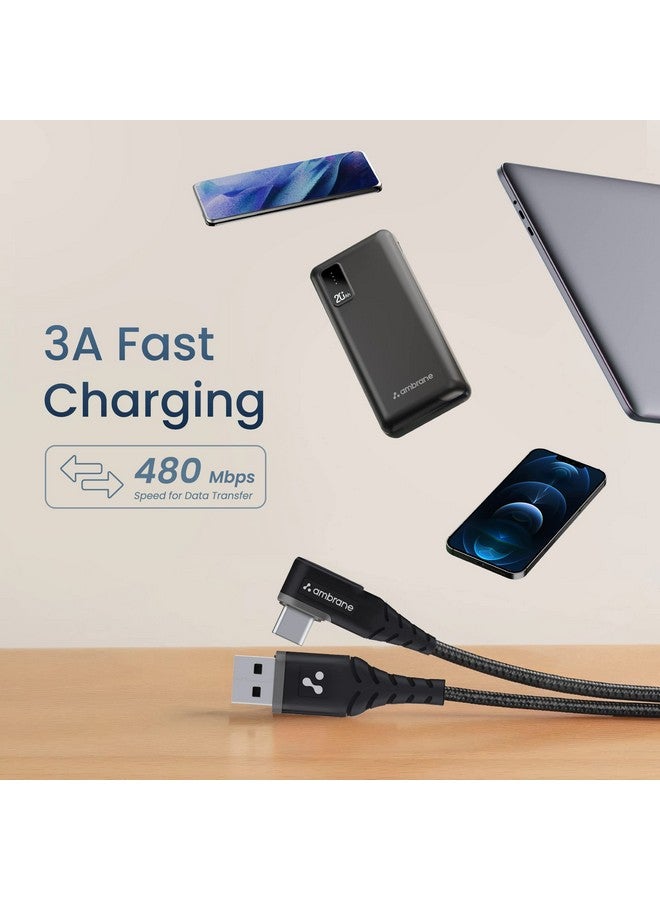 AMBRANE Ambrane Type C Mobile Charging Cable 3A Fast Charging, 1 Meter, L Shaped Braided Cable, 480Mbps Data Transfer for Smartphones, Tablets, Laptops & Other Type C Devices (ABLC10, Black)  - Image 3
