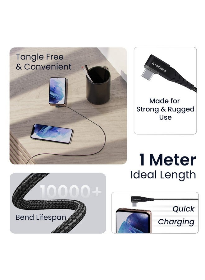AMBRANE Ambrane Type C Mobile Charging Cable 3A Fast Charging, 1 Meter, L Shaped Braided Cable, 480Mbps Data Transfer for Smartphones, Tablets, Laptops & Other Type C Devices (ABLC10, Black)  - Image 2