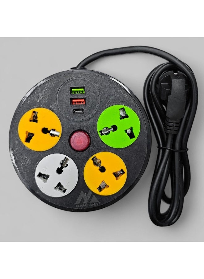 2204U Round Black Power Strip 4-Socket with 2 USB + Type-C – Multi-Device Charging & Power