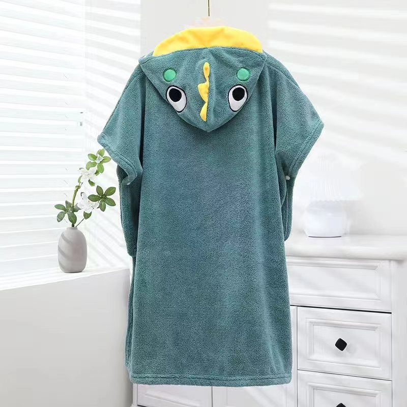 Kids Coral Fleece Hooded Poncho Towel Cartoon Absorbent Small dinosaur green pullover 