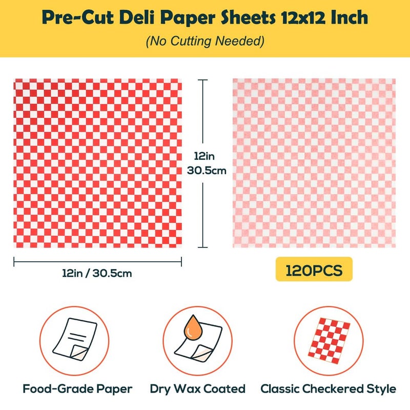 YQL 120PCS Deli Paper Sheets 12x12", Red Checkered Wax Paper for Food Wrapping, Grease Resistant Sandwich Wrap Parchment Liners, Disposable Food Basket Liners for Burgers, Parties, Fairs & Picnic Use - Image 2