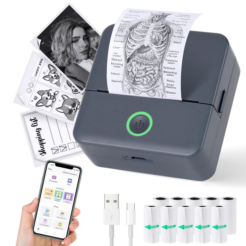 cudinham Print Pods Mini Printer, Sticker Printer with 10 Rolls Thermal Printing Paper, Inkless Pocket Printpod for Phone, Impresora PortÃ¡til for Notes, DIY, Compatible with iOS & Android (Grey) - Image 1