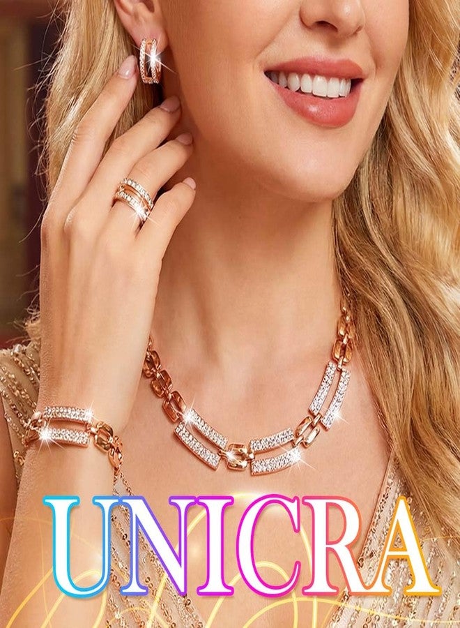 Unicra Gold Jewelry Sets Chunky Necklace Earrings Bracelet Ring Set Rhinestone Fashion Statement Costume Jewelry Set for Women (Gold) - Image 4