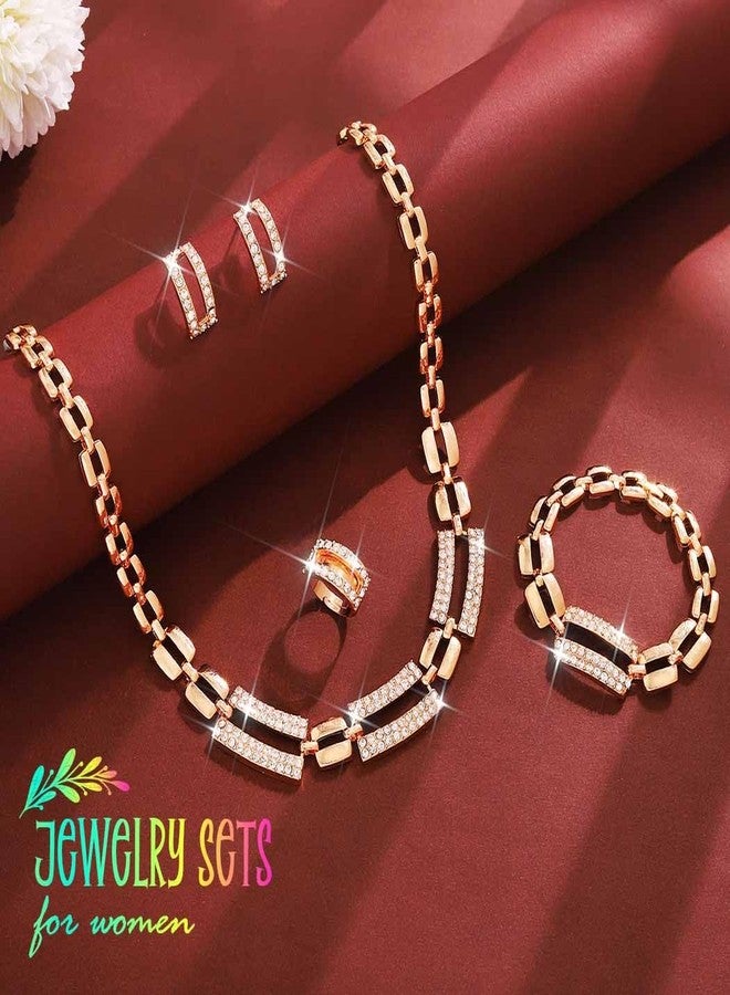 Unicra Gold Jewelry Sets Chunky Necklace Earrings Bracelet Ring Set Rhinestone Fashion Statement Costume Jewelry Set for Women (Gold) - Image 2