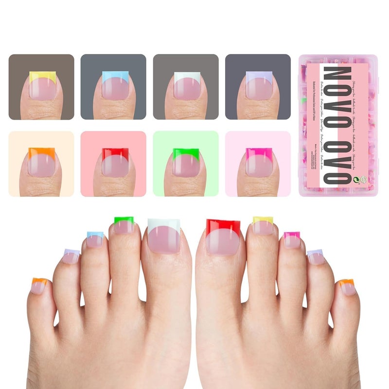 NOVO OVO French Tip Toe Nail Tips 8 MIXED SUMMER COLOR, Sharp Square Soft Gel False Toenail Extension, Need Builder Gel & Top Coat, no Glue Included, Full Cover Acrylic for DIY x 15 Sizes 240 pcs - Image 1
