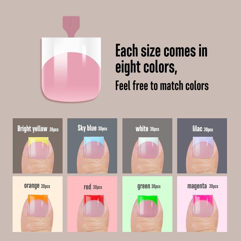 NOVO OVO French Tip Toe Nail Tips 8 MIXED SUMMER COLOR, Sharp Square Soft Gel False Toenail Extension, Need Builder Gel & Top Coat, no Glue Included, Full Cover Acrylic for DIY x 15 Sizes 240 pcs - Image 5