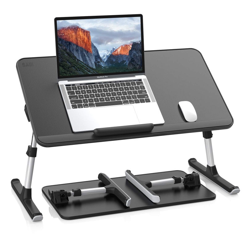 SAIJI PU Leather Laptop Bed Tray Table, Adjustable Laptop Stand with Removable Stopper, Portable Lap Desks with Foldable Legs, Notebook Stand Breakfast Reading Desk for Sofa Couch(Large, Black) - Image 1