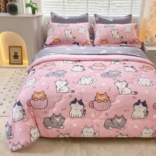 Gusuhome 7 Piece Girls Cats Comforter Set Twin Size Bed in A Bag Pink Cute Cartoon Pet Cat Bedding Set for Kids Boys Teens 1 Comforter 1 Flat Sheet 1 Fitted Sheet 4 Pillow Sham Gray