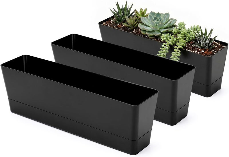 GREANER Window Boxes Planters, 3PCS 16x3.8 Inch Black Rectangle Planters Box with Drainage Holes and Trays, Herb Succulents Flowers Plastic Pot for Windowsill, Garden, Balcony, Indoor, Outdoor Decor - Image 1