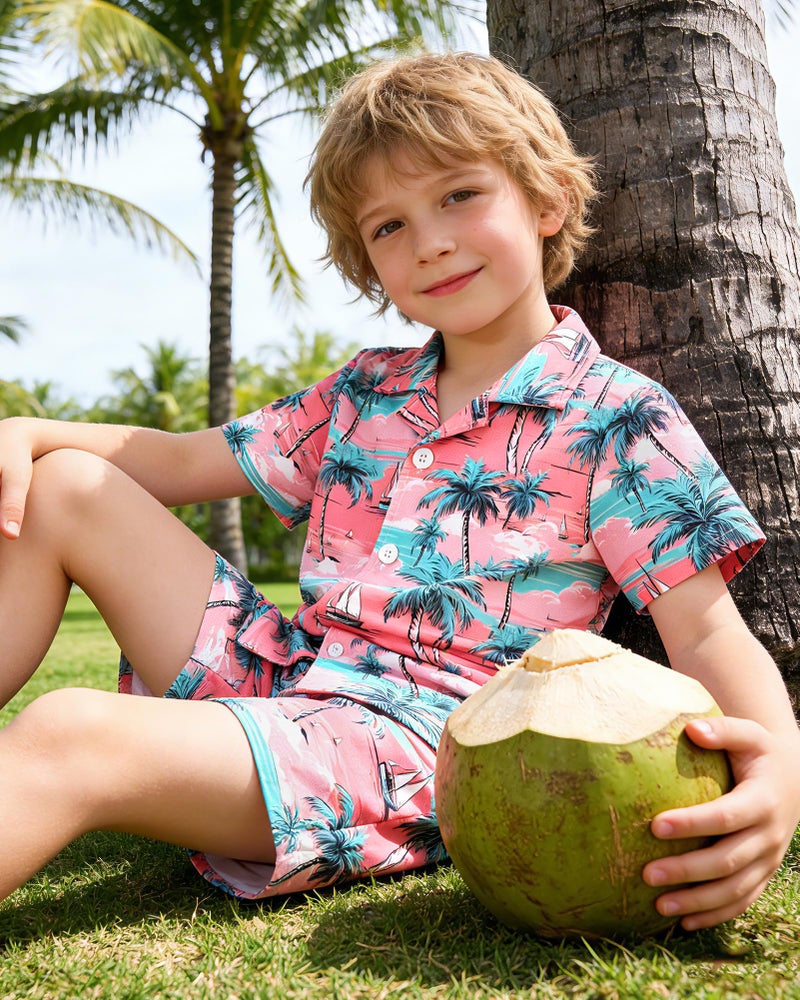 YUEMION Boys Hawaiian Outfit 2Pcs Set Summer Beach Button-Down Shirt Top + Shorts for Kids(Pink - palm tree, 6-7 Years) - Image 4