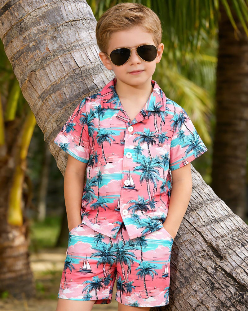 YUEMION Boys Hawaiian Outfit 2Pcs Set Summer Beach Button-Down Shirt Top + Shorts for Kids(Pink - palm tree, 6-7 Years) - Image 3
