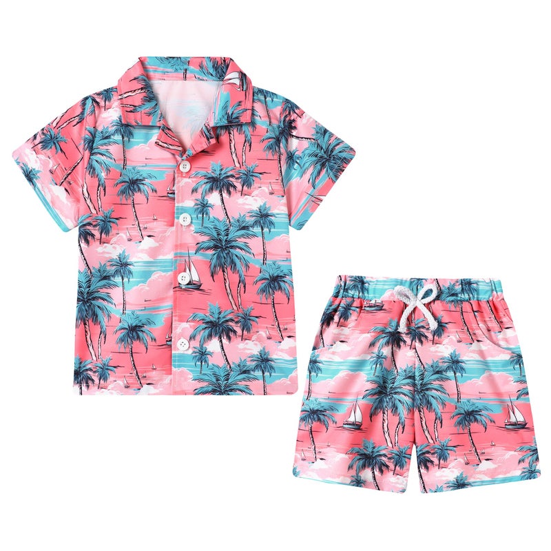 YUEMION Boys Hawaiian Outfit 2Pcs Set Summer Beach Button-Down Shirt Top + Shorts for Kids(Pink - palm tree, 6-7 Years) - Image 1