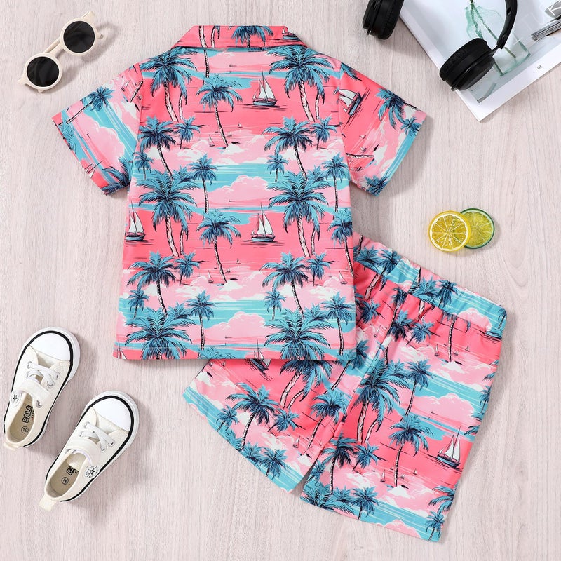 YUEMION Boys Hawaiian Outfit 2Pcs Set Summer Beach Button-Down Shirt Top + Shorts for Kids(Pink - palm tree, 6-7 Years) - Image 5