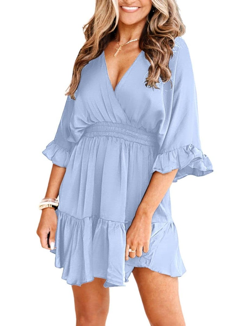 Aoysky Womens V Neck Casual Dresses Summer Loose High Waist Ruffle Pleated Cute Mini Short Dress Sky Blue - Image 2
