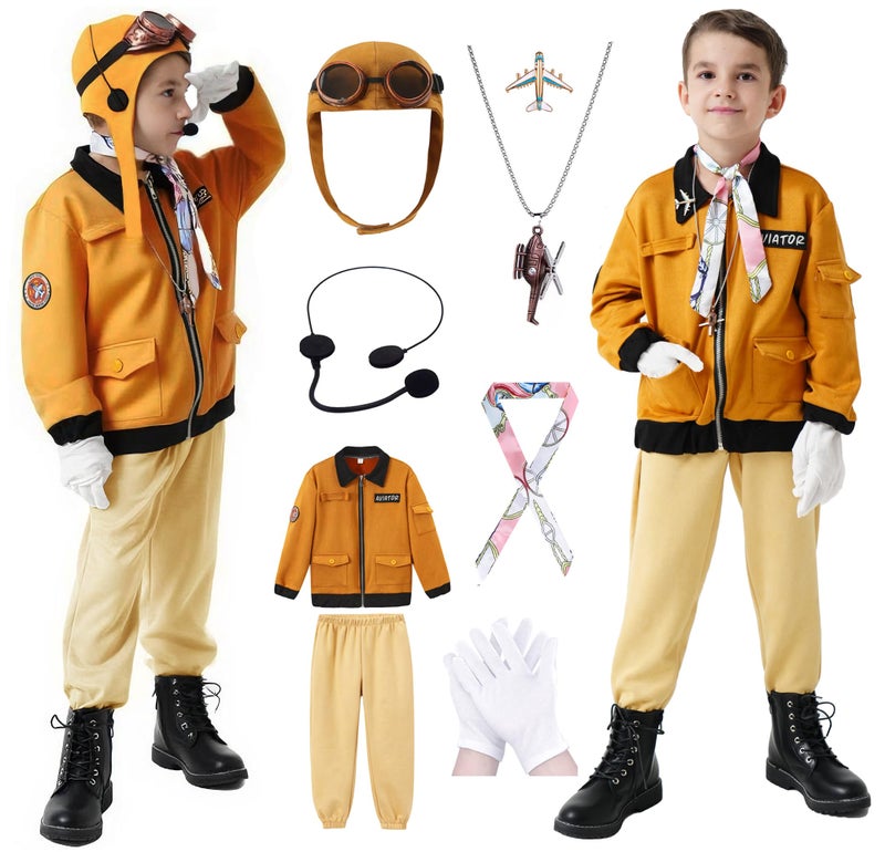 Akokvlar 9 Pcs Kids Pilot Aviator Costume Earhart Historical Costume for Girls Boys (Brown, 12-14 Years) - Image 1