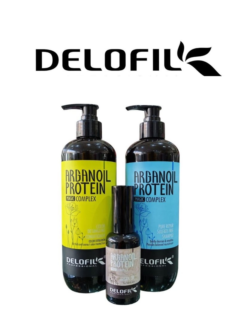 Argan Protein Hair Care Kit: 500ml Shampoo, 500ml Conditioner, and 100ml Serum to Repair and Nourish Hair