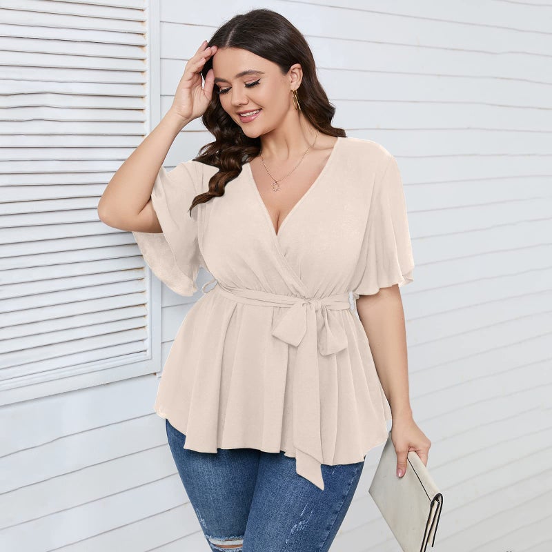 SCOMCHIC Women's Plus Size Short Sleeve V Neck Wrap Belted Ruffle Peplum Blouse Tops Nude - Image 2