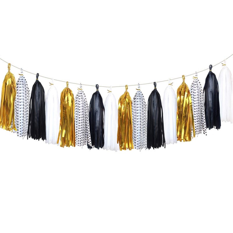 Aonor Tissue Paper Tassel Garlands for Bachelorette Graduation Birthday Decorations Black and Gold Party Decorations 20 pcs