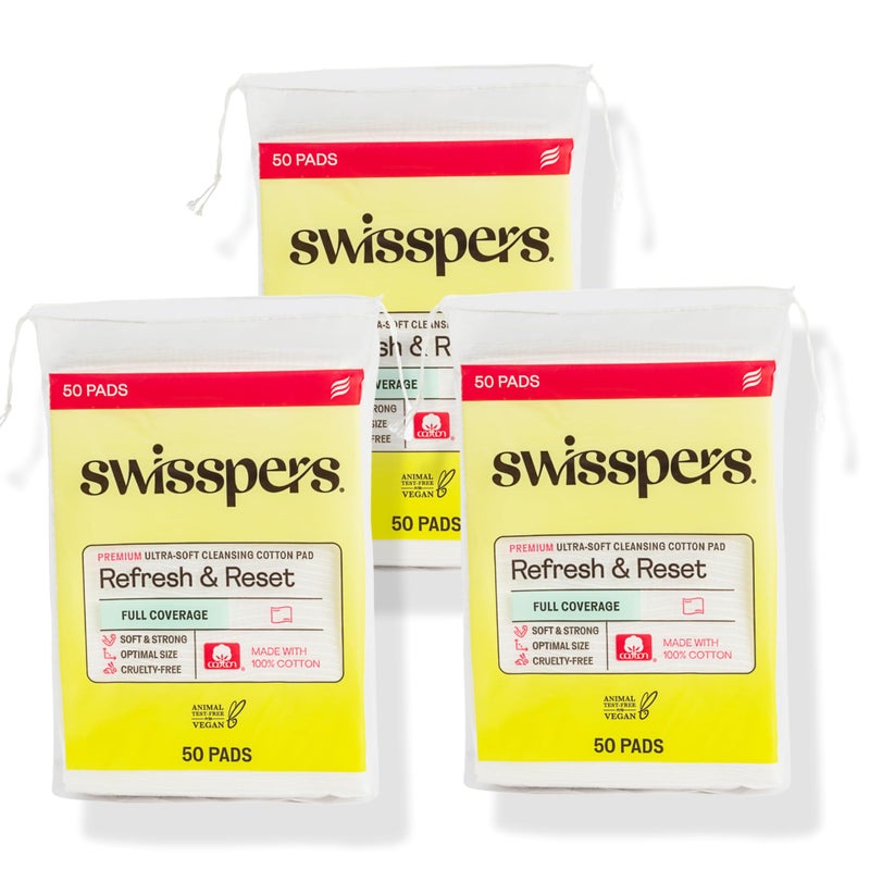 Swisspers Refresh and Reset Facial Cleansing Cotton Pads - 100% Natural Fiber, Ultra-Soft Beauty Essentials for Women & Men - Cruelty-Free, Paraben-Free Skincare Application Squares (50 Count) 3 Pack - Image 1