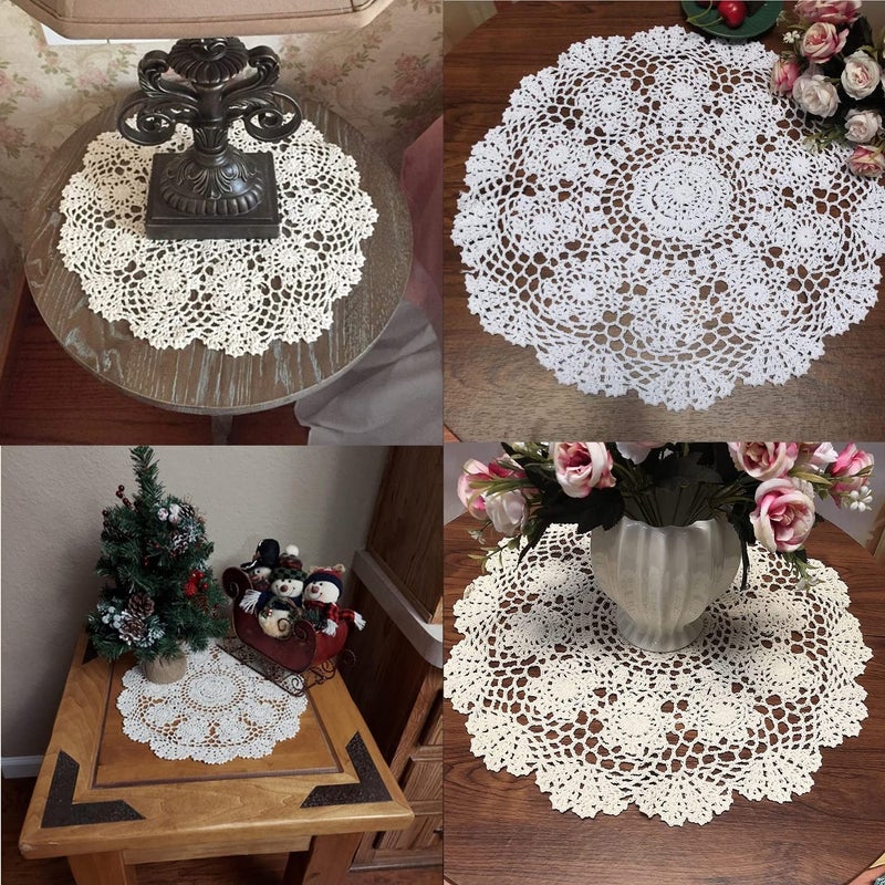 Damanni Beige Cotton Handmade Crochet Lace Tablecloth Doilies Table Overlay,Round,16 Inch,2PCS - Image 3