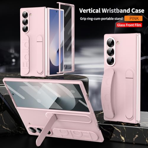 XIMAND for Samsung Galaxy Z Fold 7 Protect Case with Wristband Stand,Bulit-in Screen & Lens Protection Shockproof Full Body Drop Fall Protection.(Pink) - Image 2