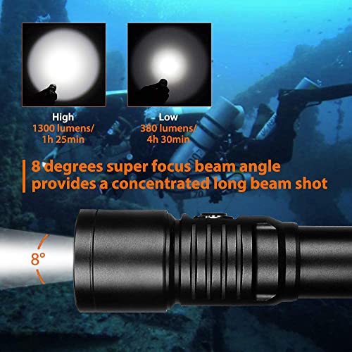 ORCATORCH D530 Scuba Dive Light, 1300 Lumens, 8 Degrees Narrow Beam Angle, Titanium Alloy Side Button Switch, 2 Lighting Modes, with Battery Indicator, for Underwater 150 Meters Diving - Image 3