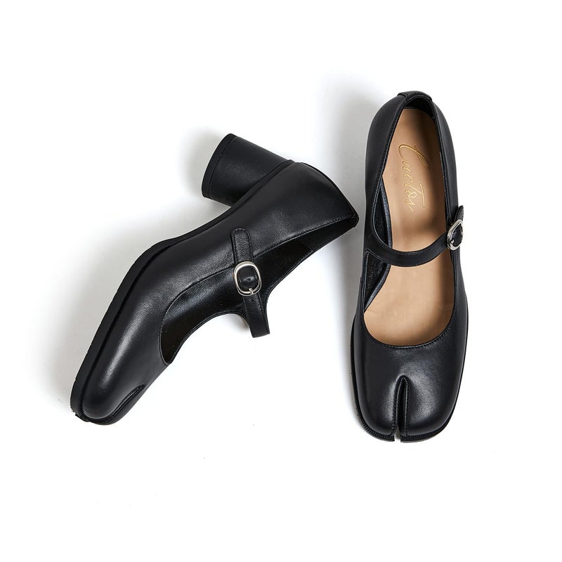 Cuctos Women Chunky Block High Heels Mary Janes Shoes Split Toe Tabi Shoes Ankle Strap Dress Pumps Shoes Black