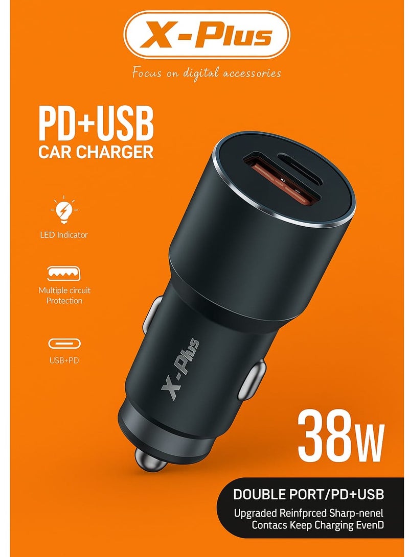 شاحن سيارة  PD+USB مزدوج سريع – شحن سريع 38 واط – منفذ USB-A  و Type-C – شاحن سيارة للهواتف والأجهزة الذكية