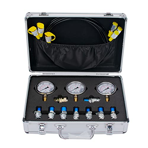 YFIXTOOL Hydraulic Pressure Test Kit for Excavator, Includes 9 Couplings, 3 Test Hoses, 3 Pressure Gauges (3500PSI/250bar, 6000PSI/400bar, 10000PSI/600bar) - Image 1
