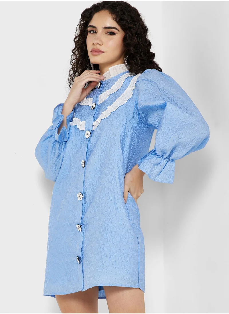 sister jane Balloon Sleeve Button Down Ruffle Dress