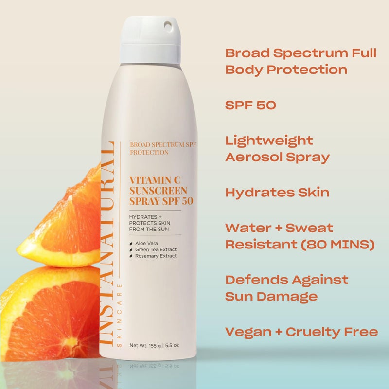 InstaNatural Skin Care Vitamin C SPF 50 Broad Spectrum Sunscreen Spray, Brightens & Hydrates, UVA, UVB Sun Protection Sunblock, with Aloe Vera & Botanicals, Aerosol Bottle, 5.5 Fl Oz - Image 2