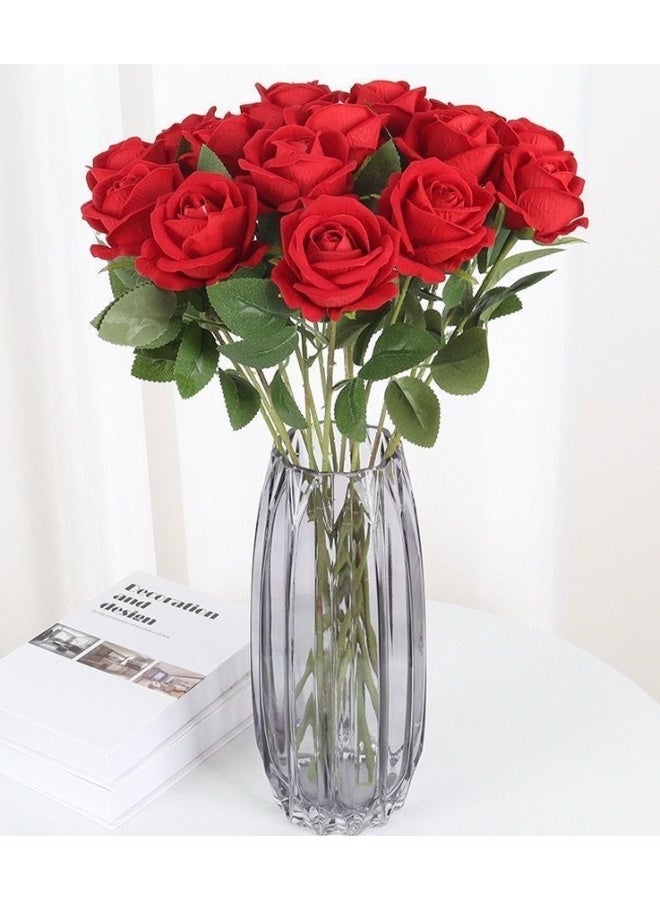 JAYATO 17 PCS Red Rouse Fake Flowers, Silk Roses Artificial Flowers, Arrangement Suitable for Home Office Decoration, Wedding Party, Dining Table Centerpiece (No Vase) - Image 1
