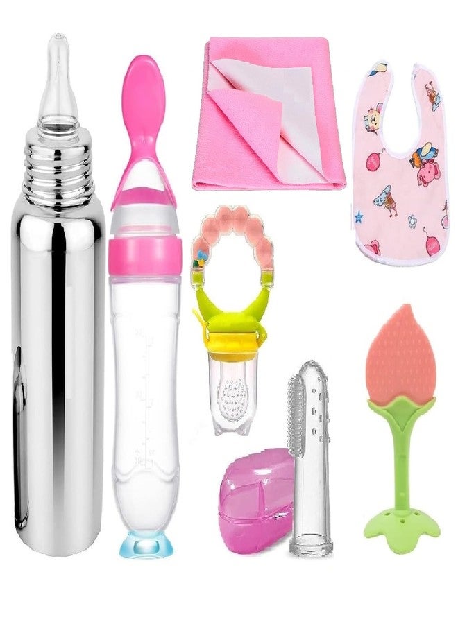 Chopchi Combo of 7 Item Baby Pacifier with Rattle 1 Pcs, Spoon 90ML 1 Pcs,Teether 1 Pcs,Finger Brush 1 Pcs, Baby Pink Dry Sheet Small Size 50x70cm 1 Pcs, Baby bib 1 Pcs & Steel Bottle 240 ML(Pink Set) - Image 1