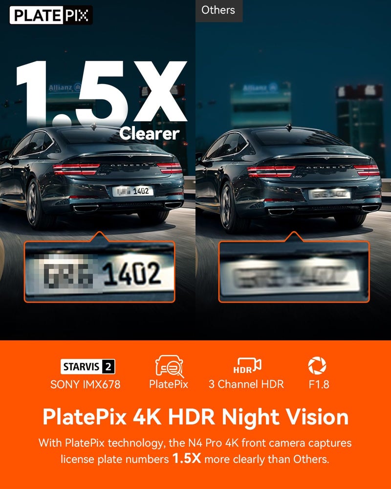 Vantrue N4 Pro 3 Channel 4K WiFi Dash Cam, STARVIS 2 IMX678 x PlatePix™ x HDR Night Vision, 4K+1080P+1080P Front Inside and Rear Car Camera, Voice Control, GPS, 24H Parking Mode, Support 512GB Max - Image 3