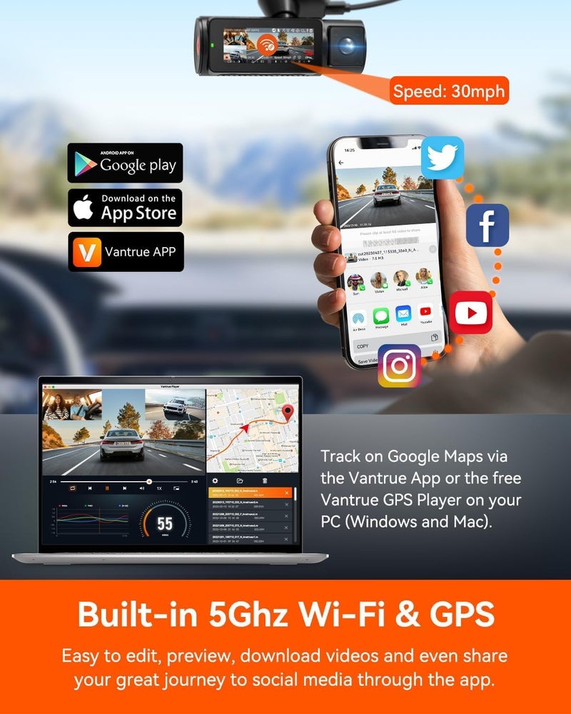 Vantrue N4 Pro 3 Channel 4K WiFi Dash Cam, STARVIS 2 IMX678 x PlatePix™ x HDR Night Vision, 4K+1080P+1080P Front Inside and Rear Car Camera, Voice Control, GPS, 24H Parking Mode, Support 512GB Max - Image 4