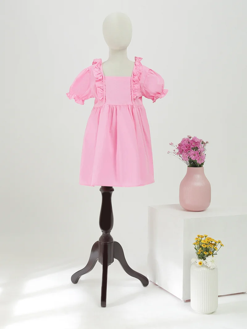 جلو باص Globus Girls Pink Square Neck Ruffles Detail Puff Sleeves Fit & Flare Mini Dress