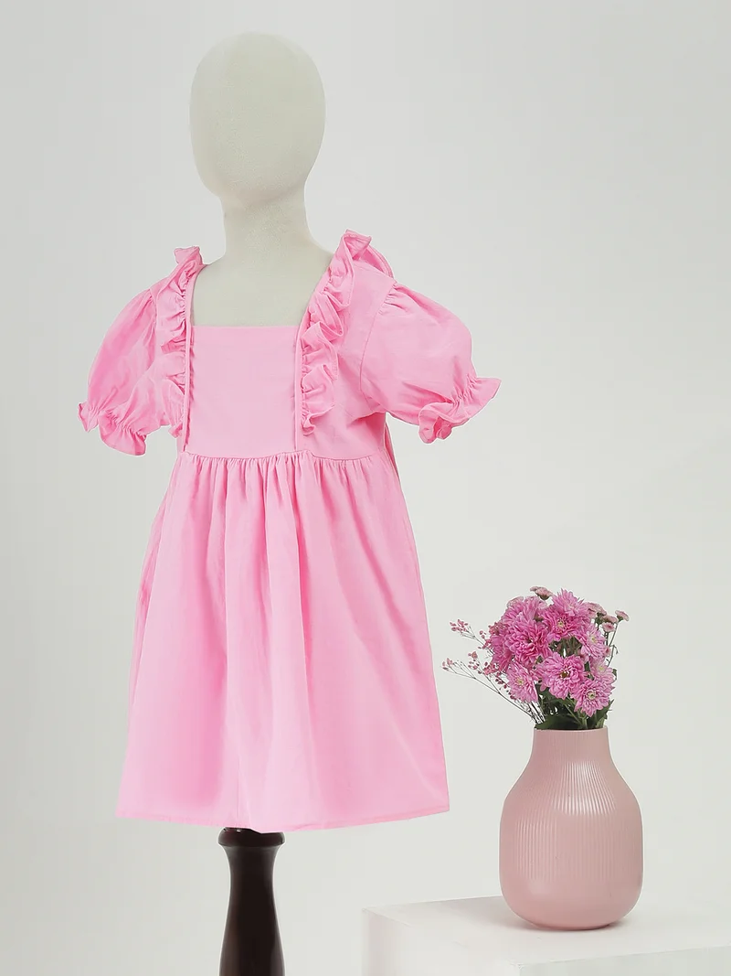 جلو باص Globus Girls Pink Square Neck Ruffles Detail Puff Sleeves Fit & Flare Mini Dress