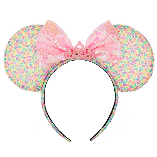 Foeran Mouse Ears Headbands Shiny Bows Mouse Ears Glitter Party Princess Decoration Cosplay Costume for Girls Women (Rainbow-2) - Image 1