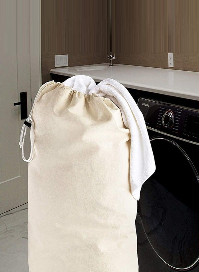 1Chase Set of 2 - Machine Washable Heavy duty  Travel Dirty Clothes Storage Bag Canvas , Extra Large Storage Organizer Basket with Drawstring Closure, Beige - Image 2