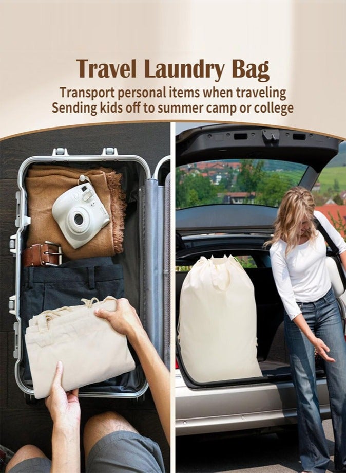 1Chase Set of 2 - Machine Washable Heavy duty  Travel Dirty Clothes Storage Bag Canvas , Extra Large Storage Organizer Basket with Drawstring Closure, Beige - Image 4