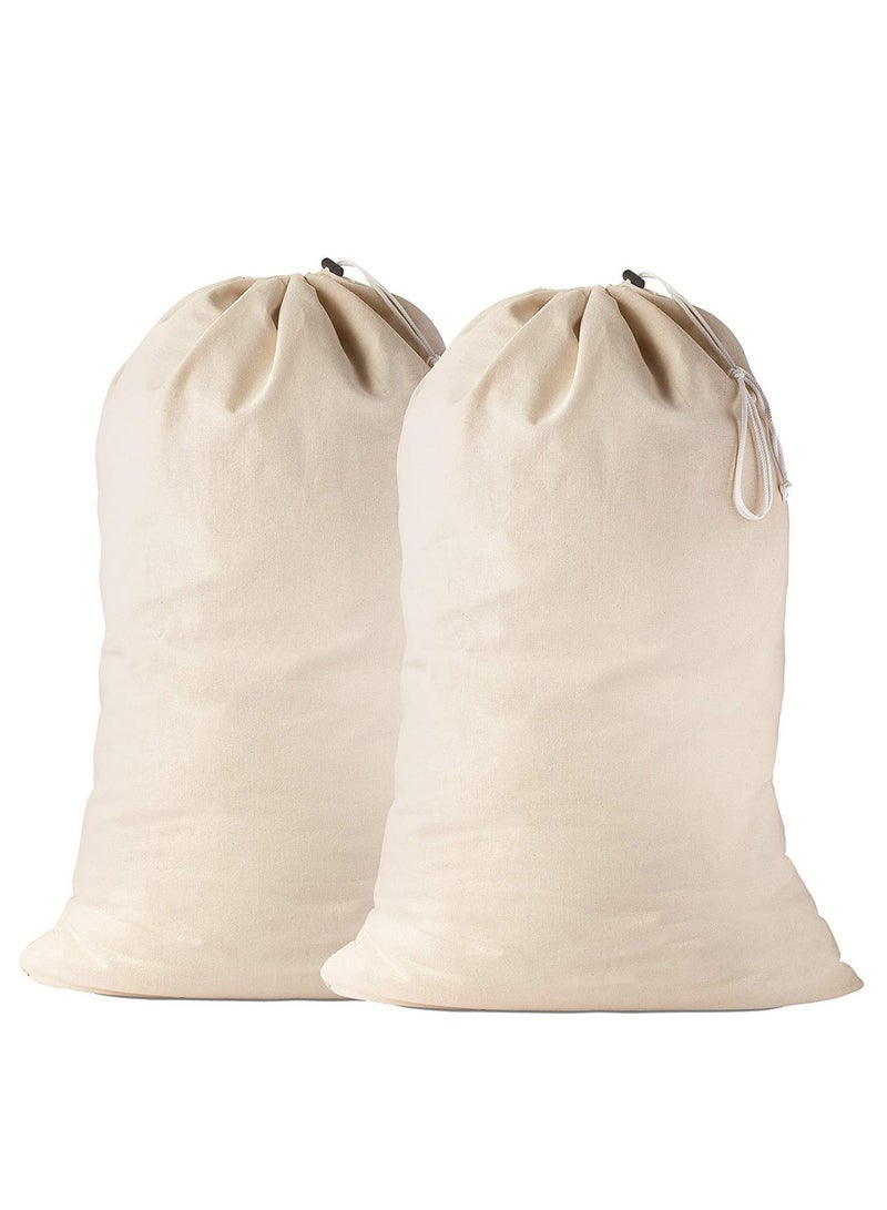 1Chase Set of 2 - Machine Washable Heavy duty  Travel Dirty Clothes Storage Bag Canvas , Extra Large Storage Organizer Basket with Drawstring Closure, Beige - Image 1