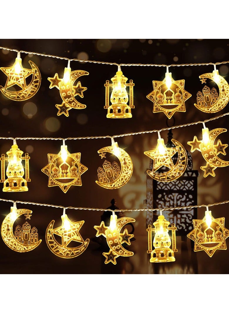 1. **Luxurious Gold Design** - The exquisite gold crescent and star-shaped lanterns add a traditional and luxurious touch to the decorations for Ramadan/Fajr Festival. 2. **Warm Festival Light** - The soft LED lighting creates a warm and festive atmosphere, suitable for gatherings and family use. 3. USB model with 10-meter 80-lumen light - Image 1