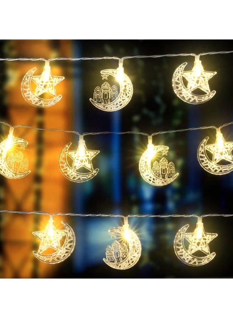 1. **Luxurious Gold Design** - The exquisite gold crescent and star-shaped lanterns add a traditional and luxurious touch to the decorations for Ramadan/Fajr Festival. 2. **Warm Festival Light** - The soft LED lighting creates a warm and festive atmosphere, suitable for gatherings and family use. 3. USB model with 10-meter 80-lumen light - Image 4