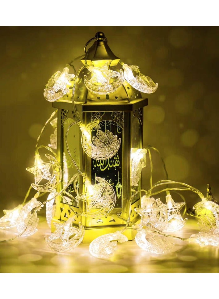 1. **Luxurious Gold Design** - The exquisite gold crescent and star-shaped lanterns add a traditional and luxurious touch to the decorations for Ramadan/Fajr Festival. 2. **Warm Festival Light** - The soft LED lighting creates a warm and festive atmosphere, suitable for gatherings and family use. 3. USB model with 10-meter 80-lumen light - Image 2