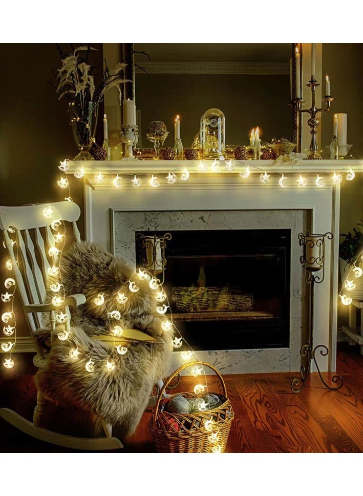 1. **Luxurious Gold Design** - The exquisite gold crescent and star-shaped lanterns add a traditional and luxurious touch to the decorations for Ramadan/Fajr Festival. 2. **Warm Festival Light** - The soft LED lighting creates a warm and festive atmosphere, suitable for gatherings and family use. 3. USB model with 10-meter 80-lumen light - Image 3