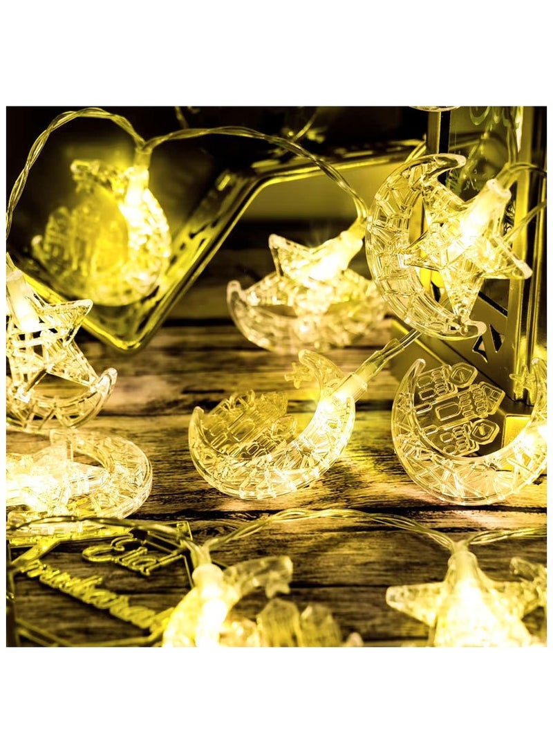 1. **Luxurious Gold Design** - The exquisite gold crescent and star-shaped lanterns add a traditional and luxurious touch to the decorations for Ramadan/Fajr Festival. 2. **Warm Festival Light** - The soft LED lighting creates a warm and festive atmosphere, suitable for gatherings and family use. 3. USB model with 10-meter 80-lumen light - Image 5