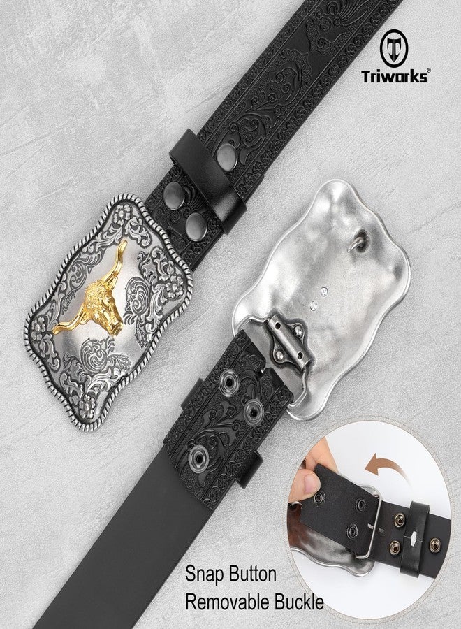 TRIWORKS Western Buckle Belts for Men, Mens Cowboy Belt with Buckle Leather Country Cowgirl Belt for Jeans Pants - Image 2