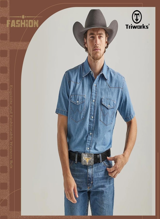 TRIWORKS Western Buckle Belts for Men, Mens Cowboy Belt with Buckle Leather Country Cowgirl Belt for Jeans Pants - Image 4