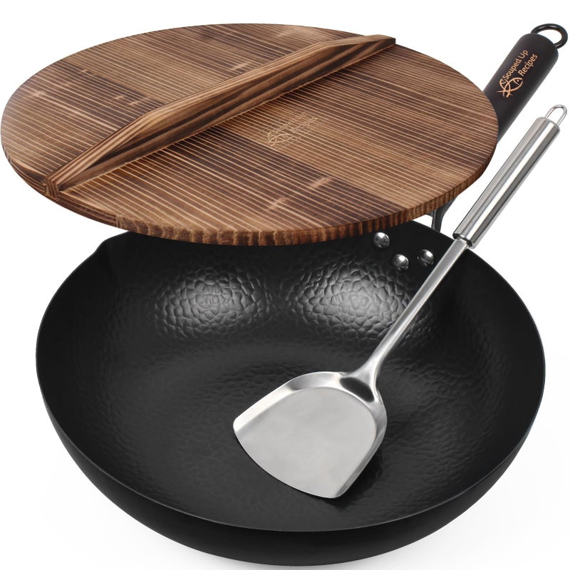 Souped Up Recipes 134 Inch Carbon Steel Wok for Electric Induction and Gas Stoves Lid Spatula and User Guide Video Included